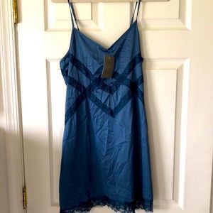 Anthropologie Brand Silky Blue Slip with Lace detail, Size Medium. NWT